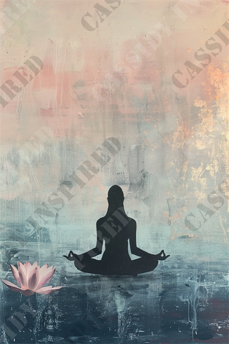 Serene Yoga Silhouette - The image depicts a serene scene showcasing a silhouette of a person in a meditative lotus position. The backdrop is an abstract blend of pastel colors primarily featuring soft pinks, blues, and hints of gold, evoking a sense of calm and tranquility. To the lower left, a delicate pink lotus flower floats, further accentuating the theme of peace and mindfulness. The entire composition conveys a sense of inner peace, meditation, spirituality, and zen. Keywords: meditation, silhouette, lotus position, lotus flower, abstract background, pastel colors, tranquility, peace, mindfulness, zen, spirituality, serene scene.