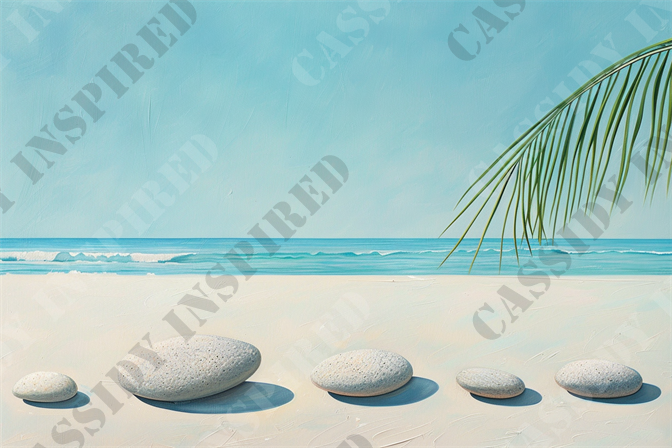 Serene Zen Beach - The image showcases a serene beach scene with smooth, white sand under a clear, blue sky. Five rounded white stones of varying sizes are arranged in a line in the foreground, casting gentle shadows on the sand. The turquoise ocean waves are seen in the background, gently rolling towards the shore. A few green palm leaves hang down from the top right corner, adding a touch of tropical foliage to the scene. This peaceful coastal setting, with keywords including beach, ocean, sand, white stones, turquoise sea, palm leaves, and clear blue sky, captures the essence of a tranquil seaside paradise.