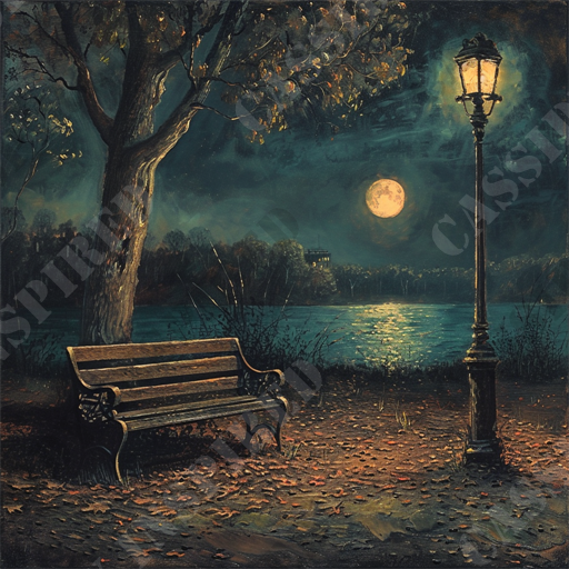 Solitary Park Bench - The image depicts a serene night scene with a focus on a wooden park bench situated near a large tree and ornate street lamp. The moon is full, casting a bright reflection across a tranquil lake in the background, while fallen leaves cover the ground in an autumn setting. The lamp post is lit, providing a warm glow that contrasts with the cool tones of the night. The landscape in the distance appears calm and shadowed, enhancing the peaceful ambiance. Keywords: night scene, park bench, full moon, street lamp, autumn leaves, tranquil lake, serene landscape, outdoor setting, evening light, peaceful ambiance.