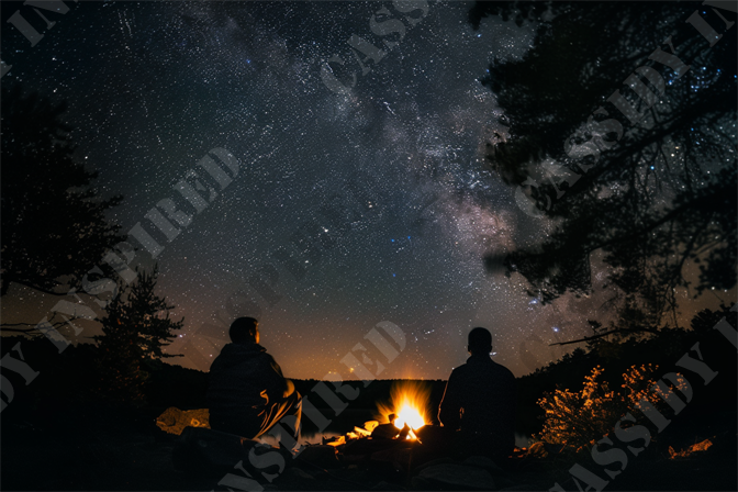 Stargazing Campfire - This serene image captures a tranquil night scene at an outdoor camping spot, where two individuals sit by a crackling campfire under a starlit sky. The backdrop is dominated by the Milky Way, visible in a cloudy stretch across the night sky, speckled with countless stars. Silhouettes of dense, evergreen trees frame the top of the image, adding to the feeling of seclusion and natural beauty.

Visible in the foreground, the campfire casts a warm, golden light that gently illuminates the figures of two people. They appear relaxed, likely enjoying the peaceful silence of the night and the mesmerizing dance of the flames. The soft glow of the fire contrasts richly against the deep, dark hues of the night sky and the muted tones of the landscape.

Far in the distance, there's a faint orange hue along the horizon, possibly indicating a sunset or distant city lights. This adds a layer of depth and mystery to the setting, enhancing its overall allure. The entire composition of the image—fire, people, trees, stars, and horizon—creates a perfect harmony of natural and celestial beauty, making it a compelling capture for any lover of the outdoors, camping, stargazing, or photography.

Keywords for SEO might include: camping, Milky Way, stargazing, outdoor adventure, night sky, campfire, nature, serene, tranquil, wilderness, night photography, silhouettes, starlight, peaceful, celestial, natural beauty, evergreen trees, outdoor leisure, cosmic view, astrophotography.