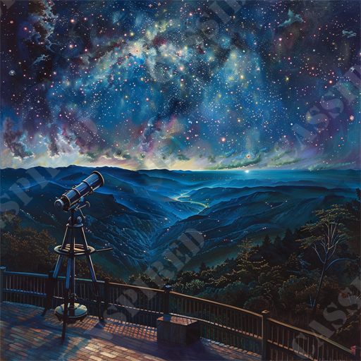 Starry Night Panorama - The image showcases a breathtaking night sky filled with countless twinkling stars and a vibrant, colorful Milky Way galaxy. In the foreground, an observatory deck with a mounted telescope is ready for stargazing. The scene overlooks a vast, undulating mountain range bathed in ethereal blue light, suggesting the onset of twilight. The atmospheric perspective highlights layers of varying shades of blue and green, enhancing the depth of the landscape. The entire composition exudes a serene and awe-inspiring ambiance, making it an ideal representation of astronomy, stargazing, and the beauty of the natural night sky.

Keywords: night sky, stars, Milky Way, telescope, observatory, stargazing, mountains, twilight, landscape, atmospheric perspective, astronomy, ethereal light, serene, natural beauty, nightscape, scenic view, evening sky, cosmic, celestial, horizon.