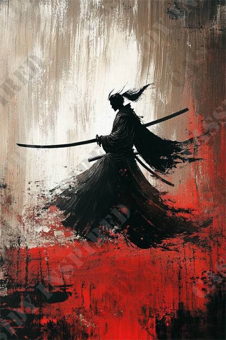 Stylized Samurai Silhouette - This striking image features a silhouetted samurai wielding a katana, painted in a dynamic, artistic style. The background is a blend of textured beige and intense red hues, giving a sense of motion and conflict. The figure's traditional attire is depicted with flowing brushstrokes, enhancing the sense of movement. The samurai's posture is poised and ready, adding an element of tension and anticipation. Keywords: samurai, art, katana, silhouette, painting, dynamic, traditional attire, motion, conflict, textured background, beige, red, brushstrokes, poised, tension, anticipation. This visually impactful image blends historical and artistic elements, creating a captivating scene.