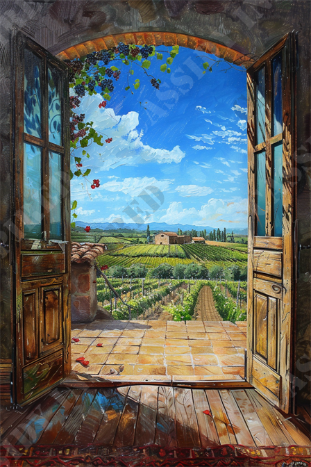 Summer Cottage View - This image captures a picturesque view of a countryside vineyard seen through an open wooden door. The door is framed by an archway adorned with vine leaves and clusters of grapes, leading into a sunlit patio with terracotta tiles. Beyond the patio, lush green rows of grapevines stretch across the rolling hills under a brilliant blue sky dotted with white clouds. A rustic farmhouse can be seen in the distance, adding to the idyllic rural landscape. Keywords: countryside, vineyard, open door, wooden door, terrace, terracotta tiles, grapevines, rolling hills, blue sky, white clouds, rustic farmhouse, rural landscape, scenic view, picturesque, vines, grapes, framed archway, countryside view, nature, agriculture.