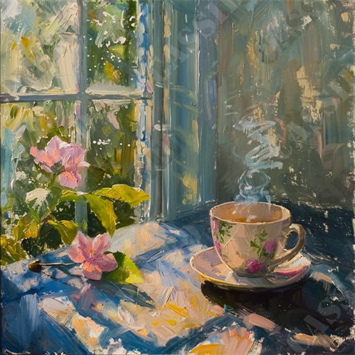 Sun-Dappled Breakfast Nook - The image depicts a serene morning scene with a steaming cup of tea resting on a saucer by an open window. Sunlight filters through the window, casting a gentle glow on the floral-themed teacup and the blue table below. In the background, lush green foliage and delicate pink flowers add a touch of nature and tranquility. The painting style features bold, impressionistic brushstrokes, effectively capturing the warmth and peacefulness of the moment. Keywords: morning scene, steaming cup of tea, open window, sunlight, floral teacup, blue table, green foliage, pink flowers, nature, tranquility, impressionistic painting, serene moment, warm glow, peaceful atmosphere, relaxation, cozy nook.