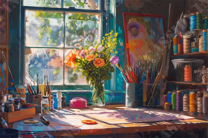 Sunlit Craft Room - The image depicts a vibrant artist's workspace bathed in sunlight streaming through a large window. A bouquet of colorful flowers sits in a clear vase on a wooden table, surrounded by an assortment of art supplies including paintbrushes, paint tubes, thread spools, and canvas boards. The workspace is well-organized with shelves full of jars and containers holding various materials, indicating a passion for creative endeavors. The sunlight highlights the textures of the art supplies and creates a warm, inviting atmosphere conducive to artistic inspiration. Keywords: artist workspace, sunlight, window, bouquet, flowers, wooden table, paintbrushes, art supplies, thread spools, canvas boards, jars, containers, creative, textures, warm atmosphere.