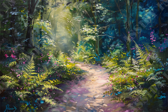 Sunlit Forest Path - The image portrays a serene forest pathway bathed in soft sunlight, highlighting dense greenery and vibrant wildflowers. The winding path is surrounded by lush ferns and flowering plants in hues of pink, purple, and yellow. Tall trees with thick foliage form a canopy, casting dappled shadows on the forest floor. Light filters through the trees, creating a tranquil, almost mystical ambiance. This captivating nature scene captures the essence of a peaceful woodland retreat, with keywords including forest pathway, sunlight, greenery, wildflowers, trees, foliage, ferns, nature, serene, and tranquility. Perfectly reflecting the beauty of the natural world, this image evokes a sense of calm and relaxation.