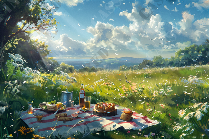 Sunlit Meadow Picnic - The image depicts a serene picnic scene set in a lush, sunlit meadow with vibrant wildflowers and tall grasses swaying gently in the breeze. A checkered blanket is spread out on the ground, adorned with a variety of picnic foods including sandwiches, pastries, and beverages, all meticulously arranged. In the background, the landscape stretches into rolling hills under a clear blue sky dotted with fluffy white clouds. The sunlight filters through the branches of nearby trees, casting dappled shadows and illuminating the idyllic setting. This picturesque outdoor scene captures the essence of a peaceful countryside picnic, emphasizing themes of nature, relaxation, and the beauty of outdoor dining.

Keywords: picnic scene, meadow, wildflowers, checkered blanket, picnic foods, sandwiches, pastries, beverages, rolling hills, clear blue sky, white clouds, sunlight, trees, natural beauty, outdoor dining, countryside, serene, peaceful, landscape, idyllic setting.