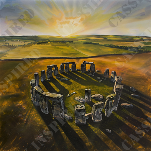 Sunrise Over Stonehenge - This striking image captures an aerial view of Stonehenge, the iconic prehistoric monument located in the English countryside. The picture is set against the dramatic backdrop of a sunset, with radiant beams of sunlight extending across a vast, lush landscape. The stones of Stonehenge are arranged in their well-known circular formation, casting long, intriguing shadows across the rich green fields that stretch out into the distance. 

The hues in the image vary from deep greens of the grass to the warm, golden tones of the sunlight, contrasting effectively with the grey stones. The horizon is marked by gentle hills and sparse trees, emphasizing the solitude and grandeur of this ancient site. This depiction of Stonehenge not only highlights its historical significance but also its beauty as a piece of Earth's heritage.

Ideal for search engine optimization, keywords such as Stonehenge, prehistoric monument, English countryside, aerial view, sunset, radiant sunlight, lush landscape, iconic, historical significance, Earth's heritage, and ancient site are all relevant to this captivating depiction. This image would appeal to those interested in history, archaeology, nature, and travel, providing a visually stunning representation of one of the world's most famous landmarks.
