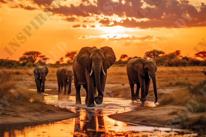 Sunset Walk - The photo captures a majestic procession of elephants, walking through a shallow water body in an African savannah during a breathtaking sunset. The image is centered on the largest elephant, leading a group of several others, all bathed in the warm, golden light of the sinking sun. The background is adorned with vibrant orange and yellow hues, creating a stark contrast with the foreground dominated by dark silhouettes of acacia trees.

This thoughtfully composed wildlife scene offers an intimate glimpse into the natural behavior of elephants in their habitat. The reflection of the elephants and the sun in the water adds a symmetrical balance, enhancing the overall impact of the image. Keywords such as elephants, African savannah, sunset, wildlife photography, nature, ecosystem, conservation, habitat, acacia trees, and reflection are integral for SEO and aptly describe the visual elements and ecological context of the photograph.

The serene atmosphere and the cohesive color palette evoke a sense of peace and the timeless beauty of nature, making this image compelling for both conservation advocates and photography enthusiasts. The picture could potentially be used to promote wildlife conservation efforts, safari tours, and educational campaigns about African ecosystems. This image is not only a stunning visual experience but also a poignant reminder of the fragile beauty of our natural world.