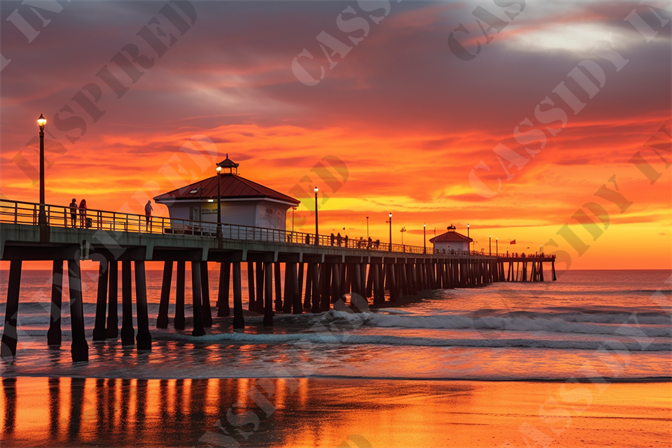 Sunset at the Pier - This captivating image showcases a majestic sunset at a bustling pier, where the sky is painted in vibrant hues of orange and red. The scene takes place at a seaside location, with the pier extending into the tranquil ocean waters, featuring a charming pavilion at the end. Several people can be seen enjoying a leisurely walk along the pier, absorbing the scenic beauty and calm atmosphere. The sunset reflects beautifully on the wet sand and gentle waves, creating a perfect mirror image of the fiery sky above. The pier’s robust wooden structure and lamp posts add a rustic charm to the sophisticated architecture of the pavilion, which serves as a focal point under the radiant sky.

**Keywords for SEO**: sunset, pier, ocean, pavilion, vibrant sky, seaside, tranquil waters, wooden pier, scenic beauty, leisurely walk, dramatic sunset, reflection, wet sand, gentle waves, rustic charm, fiery sky, orange-red hues, coastal view, lamp posts, serene atmosphere.