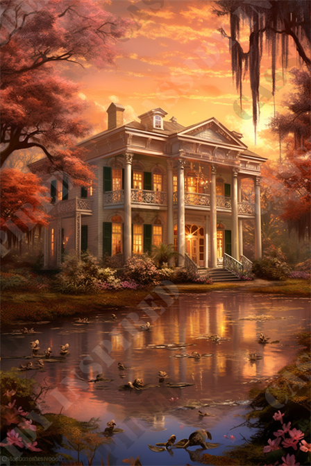 Swamp Plantation - This enchanting image depicts a serene Southern estate at sunset, captured in a glowing warm light that enhances the tranquility of the scene. The grand manor, standing proudly amidst lush surroundings, features classical architectural elements such as a symmetrical facade with elegant Corinthian columns, decorative balustrades, and an inviting staircase leading to a stately entrance. Surrounding the estate are mature trees draped with Spanish moss, adding a touch of mysterious beauty typical of a Southern landscape.

The grounds are meticulously landscaped with flowering shrubs and trees, reflecting a palette of autumn hues in the foliage that compliments the pastel sky. In the foreground, a calm pond mirrors the pink and orange sky, while ducks gracefully glide across the smooth water, introducing a dynamic element to the tranquil setting. The pond's reflection adds a dreamy quality to the image, creating a mesmerizing interplay of light and shadow.

As the sun sets, the house's interior lights cast a warm glow through the windows, suggesting a cozy, welcoming atmosphere inside. This image is a quintessential representation of Southern elegance and charm, ideal for enthusiasts of classical architecture, nature, and serene landscapes.

Keywords enhancing the image's SEO could include: Southern estate, sunset, classical architecture, Corinthian columns, Spanish moss, tranquil pond, ducks, autumn foliage, pastel sky, interior glow, cozy ambiance, luxury manor, landscape design, reflective water, serene setting, elegant staircase, decorative balustrades, warm light, inviting entrance, peaceful nature.