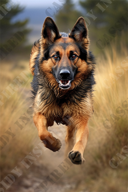 Tenacious - This captivating image portrays a dynamic scene featuring a German Shepherd in mid-leap, captured against a soft, natural backdrop that hints at a crisp autumn day. The dog, a splendid specimen of its breed, is frozen in motion, showcasing its muscular build and the characteristic dense, richly shaded coat. Vivid detailing highlights the animal's expressive eyes and alert ears, emphasizing its focus and energy. The setting is an outdoor trail, lined by blurred golden grass and subtle hints of trees in the distance, suggesting a remote or rural location.

The photographic composition cleverly utilizes a shallow depth of field, making the German Shepherd the unequivocal focal point while softly blurring the background. This technique adds a sense of movement and fluidity to the image, celebrating the dog's agility and vigor. The lighting enriches the color palette, with warm tones accentuating the lush fur and autumnal setting.

Keywords such as "German Shepherd", "dog jumping", "animal photography", "autumn scenery", "motion capture", "outdoor adventure", "pet action shot", "dynamic animal portrait", "rural setting", and "expressive dog" are all pertinent to this image. Each term helps to enhance the visibility of this striking depiction of an active, beautiful canine in a natural landscape, making it an excellent photographic subject for enthusiasts and professionals alike.