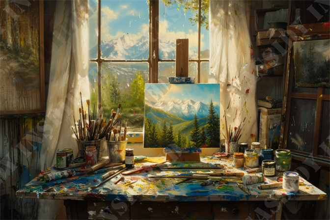 The Artist's Landscape - In the image, a brightly lit artist's studio is depicted, featuring a large window with curtains showcasing a scenic mountain landscape outside. The centerpiece is an easel holding a vibrant painting of snow-capped mountains and evergreen trees. The artist's workspace is cluttered with an array of paintbrushes, tubes of paint, and jars of various colors on a splattered wooden table. Additional completed and in-progress paintings line the walls, contributing to the creative chaos of the room. Natural light floods the studio, enhancing the rich colors and details of the artwork. Salient keywords for SEO included in the description are artist's studio, easel, painting, mountain landscape, snow-capped mountains, evergreen trees, paintbrushes, tubes of paint, jars of paint, wooden table, natural light, creative workspace, art supplies, curtains, window view, completed paintings, in-progress artwork, vibrant colors, and scenic view.