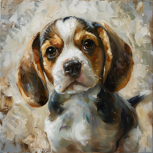 The Attentive Beagle - The image depicts a beautifully rendered oil painting of a Beagle puppy. The Beagle's expressive eyes and soft fur are highlighted with rich, earthy tones and impressive brushstroke textures. The background is an abstract mix of neutral colors, which emphasizes the puppy's detailed features. This artwork captures the innocence and curiosity of the puppy, with a realistic and heartwarming appeal. Keywords for SEO: Beagle puppy painting, oil painting of dog, pet portrait art, realistic dog painting, Beagle artwork, animal painting, expressive pet portrait, dog oil painting, puppy art, cute dog painting, abstract background, pet realism, heartwarming dog art.