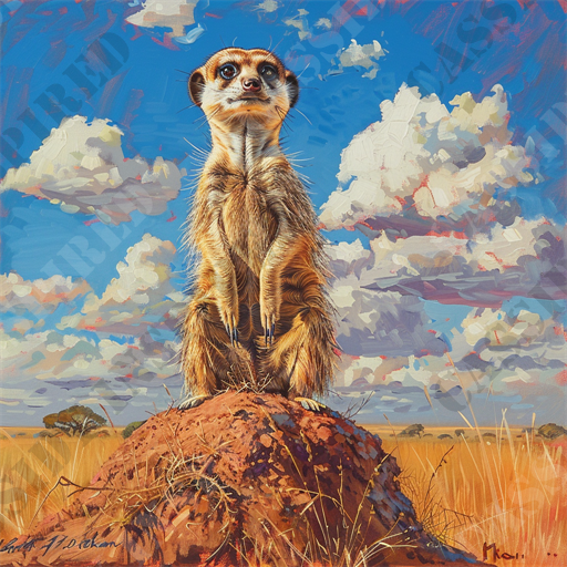 The Curious Meerkat - The image depicts a vigilant meerkat standing atop a reddish termite mound in an expansive savanna landscape. The meerkat, characterized by its upright stance, has a background of tall, dry grass and an open blue sky with fluffy, scattered clouds. The lighting suggests a bright day, highlighting the meerkat's detailed fur and the textured mound. The artistic style of the image has a painterly quality, with visible brushstrokes in the sky and grass. Keywords relevant for search engines include meerkat, savanna, termite mound, wildlife, nature, African landscape, blue sky, fluffy clouds, bright day, and painterly style. 

