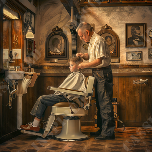 The Haircut - This image captures a timeless scene inside a classic barbershop, where a barber, a mature man with white hair, is attentively cutting the hair of a young boy seated in an antique barber chair. The setting exudes a nostalgic air, featuring traditional decor that includes wood paneling, vintage portraits, and antique barber tools. The soft lighting accentuates the warm, amber tones of the room and creates a cozy, welcoming atmosphere.

Visually, the image is rich in detail and textures, from the glossy wooden surfaces to the reflective mirrors and the patterned, tiled floor. Key elements like the sink with its barber tools, multiple framed pictures of distinguished individuals, and a vintage clock add to the authenticity of this old-fashioned barbershop setting. The boy, dressed in casual attire with denim jeans and wearing a protective salon cape, looks calm as he receives his haircut, suggesting a quiet, trusting moment between him and the barber.

Keywords such as "vintage barbershop," "antique barber chair," "classic haircut," "barber tools," "wooden paneling," "old-fashioned barbershop," "barber cutting hair," "historic barbershop interior," "barbershop decor," and "nostalgic barbershop atmosphere" are integral to capturing the essence of this scene in search engine optimized content. This description not only depicts the image vividly for someone who cannot see it but also enhances its discoverability online for those interested in barbershop culture and history.