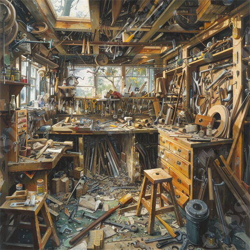 The Handyman's Workshop - This image showcases a cluttered yet well-equipped woodworking workshop filled with various tools and materials. The workshop is heavily utilized, evidenced by the scattered hand tools, saws, planes, and chisels on the benches and floor. Shelves and wall racks are packed with an assortment of hammers, screwdrivers, and measuring instruments. A skylight and windows provide natural light, illuminating the workshop space. Wooden furniture pieces in progress, such as drawers and chairs, are visible amidst the organized chaos. This image epitomizes a craftsman’s dedicated workspace, emphasizing woodworking, hand tools, carpentry, workshop organization, and tool storage solutions. The overall atmosphere is one of industrious creativity and precision craftsmanship.