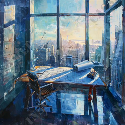 The Inspired Architect - The image depicts a modern office with a panoramic city skyline view. The room features a large window that lets in abundant natural light, highlighting an architect's drafting table covered with blueprints. A black swivel chair is placed in front of the table, and rolled-up architectural plans lie beside a small toolbox. The city's high-rise buildings and skyscrapers are visible outside the window, under a partly cloudy sky with hints of sunlight. The office interior has a clean, professional look, with minimalist decor and a focus on productivity. Keywords: modern office, panoramic view, city skyline, natural light, architect's drafting table, blueprints, swivel chair, high-rise buildings, skyscrapers, professional workspace.