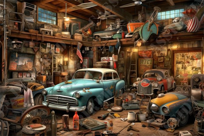 The Organized Mechanic - This image showcases a captivating scene inside a vintage garage, densely packed with classic cars and an array of auto-related memorabilia. The garage, illuminated by natural light filtering through dust-speckled windows, features wooden beams and cluttered shelves crammed with tools, old license plates, and worn automotive signs. In the foreground, a robin’s egg blue classic car with white racing stripes and old-fashioned chrome detailing commands attention. Another retro vehicle, in red and rust, appears partially visible behind it, suggesting a space rich with automotive restoration projects.

Scattered around the workspace are various mechanical parts, rusty tools, oil cans, and automotive manuals that hint at ongoing repair work. Vintage advertisements and faded posters adorn the wood-paneled walls, further emphasizing the garage's long history. An American flag and a swinging light bulb add touches of Americana to the rustic ambiance. This meticulously detailed scene not only captures the essence of a bygone era of automotive repair but also serves as a nostalgic homage to the culture of mid-20th-century craftsmanship.

Key SEO-friendly terms from this description include: vintage garage, classic cars, automotive memorabilia, wooden beams, retro vehicles, automotive restoration, mechanical parts, rusty tools, vintage advertisements, Americana, and mid-20th-century craftsmanship. This description provides a vivid portrayal for those who cannot see the image, while also integrating specific keywords that enhance search engine optimization.
