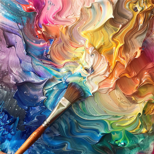 The Painter's Palette - The image showcases a close-up of a vibrant, swirling abstract painting created with thick strokes of oil paint. The composition features an array of colors, including blues, purples, pinks, yellows, and oranges, blended in a dynamic and textured pattern. In the foreground, a paintbrush with a wooden handle and metal ferrule rests atop the painting, suggesting active artistic creation. The texture of the paint is richly detailed, showing brush strokes and knife marks. Keywords: abstract painting, oil paint, vibrant colors, paintbrush, textured art, color blending, artistic creation, dynamic composition, close-up artwork, art tools.