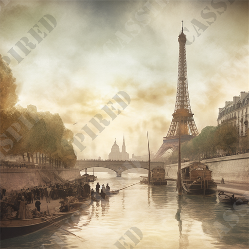 The River Seine - 19th Century Dream - This captivating image offers a picturesque and romantic representation of Paris featuring the iconic Eiffel Tower, an emblematic symbol of French culture and engineering. The composition showcases the Eiffel Tower basked in a golden and ethereal light, adding a nostalgic and timeless feel to the scene. The Seine River, flowing gently under the arch of a distant bridge, reflects the warm hues of the sky and is lined with historic Parisian architecture. Notably, the riverside is bustling with activity; people in period clothing gather and converse, while wooden boats, likely used for transportation and goods delivery in this era, gently bob on the water. Adding to the historic ambiance, trees with autumn-colored leaves frame the riverbank, suggesting the scene is set in the fall. This artwork could be described as a historically inspired, possibly fictional, rendering that captures the essence of Parisian life and the city's enduring charm.

Keywords: Eiffel Tower, Paris, historic Paris, Seine River, Parisian architecture, wooden boats, autumn in Paris, French culture, ethereal light, romantic ambiance, period clothing, timeless Paris, riverside gatherings, nostalgic scene, golden light, Parisian life, French engineering, iconic landmarks, picturesque Paris.