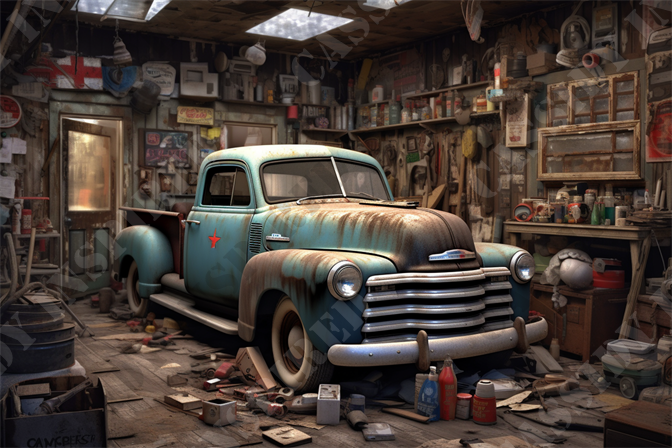 The Truck Mechanic - This detailed image captures a vintage turquoise and rusty Chevrolet pickup truck parked inside a cluttered workshop filled with various tools and memorabilia. The truck, showing signs of aging and wear, boasts vibrant turquoise panels alongside rusted patches that highlight its historic charm. It features a distinctive front grille, rounded fenders, and a classic design emblematic of early to mid-20th century automobiles.

The workshop setting is densely packed with objects including old signs, license plates, cans of oil, work tools, and assorted automotive parts, all contributing to an atmosphere of a long-used and well-lived space. Shelves and walls are adorned with items ranging from a gas lantern to road signs, and a worn-out windowpane hangs off one wall, further enhancing the rustic aesthetic.

This image is rich in textures and colors, from the glossy sheen on the truck's paint to the matte and dusty surfaces of the wooden shelves. Sunlight filters in through the roof, casting intricate shadows and illuminating the dust-filled air, adding a sense of timelessness and nostalgia.

Keywords such as "vintage Chevrolet truck", "rustic workshop", "automotive memorabilia", "antique car restoration", "classic vehicles", "old garage", "turquoise pickup", "rusty automobiles", "cluttered workshop", and "vintage Americana" would be appropriate for SEO, attracting enthusiasts of classic cars and historical memorabilia. The scene is a visual feast for anyone interested in the intersection between automotive history and cultural nostalgia.