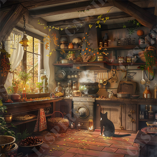 The Witch's Cottage - This enchanting image captures a cozy, rustic kitchen that exudes a magical and warm ambiance, ideal for storytelling or inspiration in culinary settings. The scene is bathed in soft sunlight filtering through a window pane, highlighting a whimsically cluttered interior filled with various botanical elements and vintage kitchenware. A large, bubbling cauldron sits prominently on an old-fashioned stove, suggesting a quaint, possibly magical brewing process. Surrounding the stove are shelves brimming with neatly arranged potions, herbs, spices, and old containers, contributing to the room's old-world charm.

A black cat sits attentively on the kitchen floor, adding a touch of life and curiosity to the scene. This element, alongside the scattered leaves on the tile floor, enhances the autumnal feel of the setting. The presence of potted plants, hanging dried herbs, and trailing ivy introduce a vibrant, natural aesthetic that contrasts beautifully with the wooden and metal textures throughout.

This visual tableau could appeal to those interested in illustration, fantasy art, cozy kitchen designs, and rustic or vintage decor. Keywords that can be associated with this image for effective SEO include rustic kitchen, vintage kitchenware, magical brewing, cozy interior design, botanical decor, autumn vibe, black cat, enchanting atmosphere, fantasy art, and herbal potions. This image is perfect for content related to home decoration tips, fantasy storytelling, or discussions on integrating natural elements into living spaces.