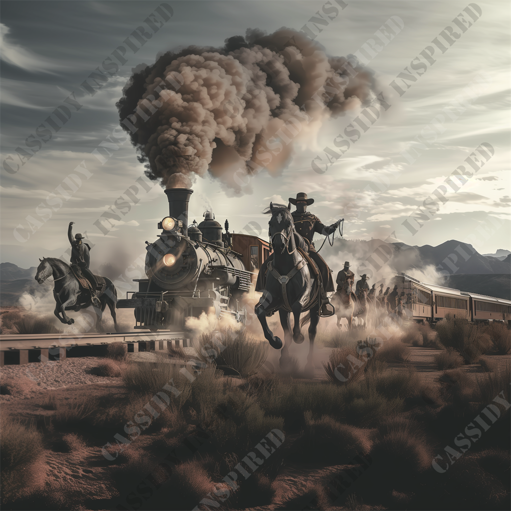 Train Robbery - This compelling image captures a dramatic scene of a steam locomotive thundering across a barren desert landscape, closely pursued by a group of horseback riders. The train, an intricate model typical of the steam era, features a prominent headlight gleaming at the front and emits a thick cloud of smoke, marking its path across the hazy backdrop of distant mountains under a muted sky. The riders are dynamically portrayed, with the lead figures prominently displayed in sharp cowboy attire, adding a sense of action and urgency to the scene.

The picture is rich in detail, showing swirling dust kicked up by the horses, which amplifies the intensity of the chase. It offers a glimpse into a historic or perhaps fictional narrative, reminiscent of the Old West, where locomotives and horse riders intersect with vivid storytelling potential. The scene could symbolize themes of progress, conflict, or the relentless pursuit within a Western frontier setting.

Key elements for SEO could include keywords such as "steam locomotive," "desert landscape," "horseback riders," "Old West," "dramatic chase scene," "cowboys," "train chase," "Western action," "historical fiction," and "steam era train." Each term helps to encapsulate the dynamic and historical essence of the image, making it more accessible to those searching for Western-themed action visuals or historical train representations.