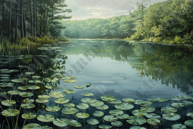 Tranquil Lake Reflections - The image captures a serene lake scene surrounded by dense forest under a soft, cloudy sky. The calm water is adorned with numerous lily pads, reflecting the lush green trees and sky overhead. On the left, tall grasses and reeds extend into the water from the forest's edge. The image highlights the tranquility of nature with its vivid depiction of reflective water and verdant foliage. Keywords associated with this image include serene lake, dense forest, cloudy sky, lily pads, calm water, tall grasses, reeds, lush greenery, nature reflection, and tranquil scene.