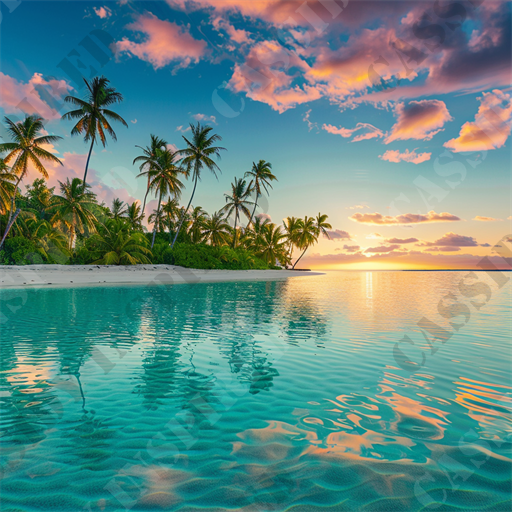 Tropical Lagoon Paradise - The image showcases an enchanting tropical beach scene at sunset that captures a serene and tranquil atmosphere. Palm trees line the soft sandy beach, swaying gently in the breeze and are silhouetted against a vibrant sky painted in hues of pink, orange, and blue. The crystal-clear waters reflect these stunning colors, enhancing the calmness of the shallow sea. The sun sets on the horizon, spreading a warm golden glow across the landscape.

Key aspects of this mesmerizing scene include the smooth gradation of sky colors spotlighting the dynamic cloud formations, coupled with the clear visibility of sandy beach textures and rippling water patterns. This pristine setting is untouched by human presence, emphasizing its natural beauty and making it an ideal representation of a peaceful getaway.

Such a picture is perfect for those seeking inspiration for vacation spots, wallpaper downloads, or simply a visual escape. The keywords that help to highlight the essence of this splendid image include tropical beach, sunset, palm trees, serene, tranquil, vibrant sky, sandy beach, crystal-clear waters, golden glow, and natural beauty. These elements combined paint a vivid picture that can either soothe the soul or ignite wanderlust.