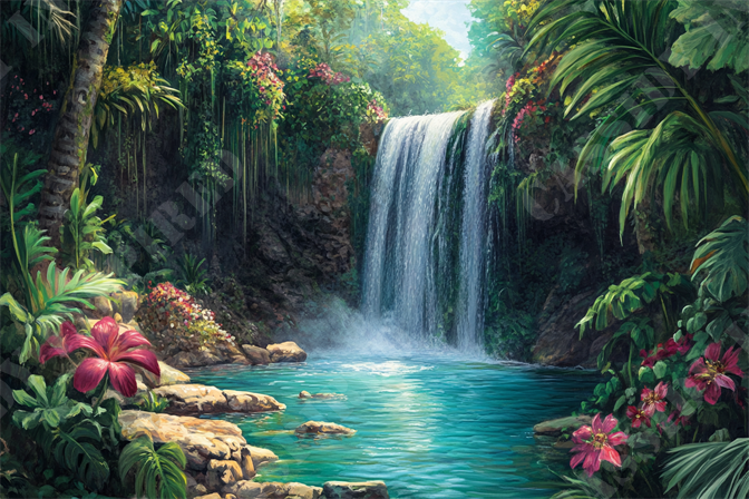 Tropical Waterfall Oasis - The image depicts a breathtaking tropical waterfall cascading into a pristine, turquoise pool surrounded by lush, verdant vegetation. Towering, leafy plants and palm trees frame the waterfall, while vibrant pink and red tropical flowers dot the landscape, adding splashes of color. The sunlight filters through the dense foliage, creating dappled patterns of light on the water and rocks below. Moss-covered rocks and cascading vines illustrate the untouched, natural beauty of this secluded paradise. The serene water, tranquil atmosphere, and abundance of tropical flora evoke a sense of tranquility and escape. Keywords: tropical waterfall, turquoise pool, lush vegetation, palm trees, tropical flowers, natural beauty, serene water, tranquil atmosphere, vibrant foliage, secluded paradise.