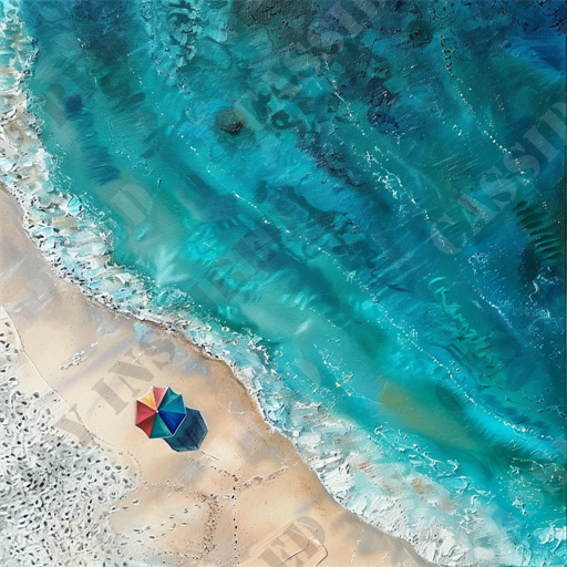 Turquoise Ocean Escape - This image portrays a stunning aerial view of a serene beach scene. The vibrant turquoise ocean waves gently lap against the golden sands of the shore. A colorful beach umbrella, casting a distinct shadow, sits prominently on the sand, adding a burst of color to the scene. The image captures the texture of the sandy beach and the dynamic patterns of the waves, evoking a sense of calm and relaxation. Keywords that best describe this image include aerial beach view, turquoise water, ocean waves, golden sand, colorful beach umbrella, shoreline, tranquil beach scene, summer vacation, coastal landscape, and seaside relaxation. The interplay of colors and textures creates a visually appealing and serene ambiance, perfect for invoking a sense of summertime bliss.