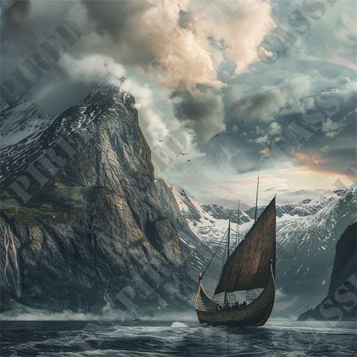 Unknown Fjord - This compelling image captures a Viking longship navigating tumultuous seas within a dramatic fjord setting. The scene is enveloped by steep cliffs that soar into cloudy skies, partially obscured by floating mists at the water's edge. Snow capped mountains, visible in the background, suggest a harsh, cold environment, enhancing the mystical and ancient feel of the landscape. The longship itself, characterized by its wooden construction and prominent dragon head prow, is filled with visible shields along its sides, indicating a readiness for battle or exploration.

The atmosphere created by the convergence of rugged natural beauty and a hint of Norse mythology makes this picture a striking representation of Viking history and lore. The cloud-filled sky with its soft glow casts a moody light over the scene, suggesting an early morning or late evening voyage. Birds fly low over the water, adding a sense of life and movement to the otherwise still landscape.

Keywords such as "Viking longship", "fjord", "Norse mythology", "ancient Vikings", "mountainous landscape", "dramatic clouds", "misty seascape", "medieval exploration", "cold environment", "wooden ship", "battle ready", "Nordic history", and "mystical journey" would effectively capture the essence and visual allure of this image for a search engine optimized description.