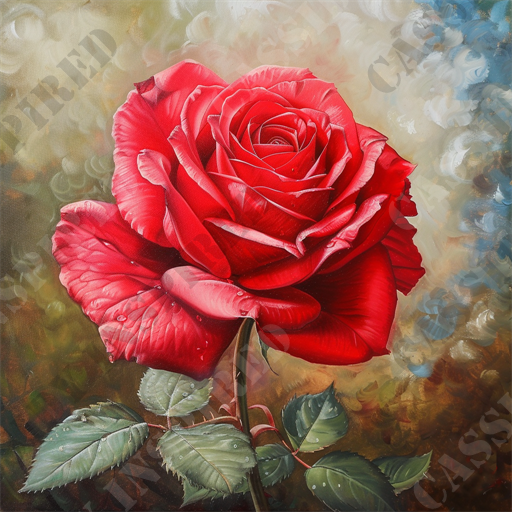 Velvety Red Rose - This vibrant image showcases a stunning red rose in full bloom, meticulously depicted with rich, velvety petals that exude natural beauty. The deeply saturated red hues of the petals contrast beautifully against the blended background of soft, complementary colors. The fine detailing includes subtle droplets of water on the rose and leaves, enhancing its lifelike appearance. The leaves are green with noticeable veins and textures, adding to the overall realism of the painting. The composition of the rose, with its intricate layers and delicate shades, captures the essence of natural elegance in floral art. Keywords include: red rose, full bloom, floral art, painting, vibrant, nature, petals, droplets, lifelike, leaves, natural beauty, realism, botanical artwork, flower, detailed, and elegant.