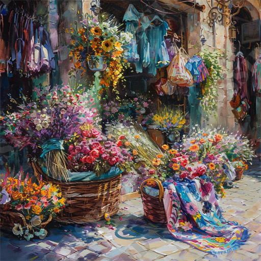 Vibrant Flower Market - The image depicts a vibrant market scene with an abundance of colorful flowers arranged in woven baskets. The marketplace, bathed in sunlight, features a variety of flowers including sunflowers, roses, and wildflowers, creating a visually striking display. Surrounding the floral arrangements are fabrics and garments, draped over hangers and hanging from awnings, adding a rustic charm to the setting. The cobblestone path beneath enhances the quaint, picturesque vibe, reminiscent of a European village. Key elements visible are the rich textures, diverse color palette, and the lively, bustling atmosphere of the marketplace.

Keywords: vibrant market, colorful flowers, woven baskets, bright sunflowers, blooming roses, wildflowers, rustic charm, European village, cobblestone path, market scene, floral arrangements, fabrics, garments, sunlight, picturesque setting, visually striking, rich textures, diverse color palette, bustling atmosphere, quaint.


