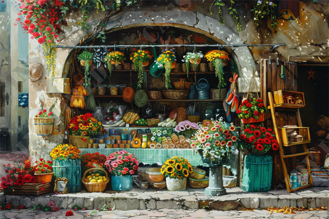 Vibrant Market Stall - This vibrant image showcases a charming outdoor flower market stall adorned with a diverse selection of colorful blooms and gardening supplies. In the foreground, lush sunflowers, daisies, and chrysanthemums are arranged in rustic pots and wooden crates, creating a lively tapestry of reds, yellows, and whites. Hanging baskets, gardening tools, and assorted woven baskets are neatly displayed on shelves beneath an arched stone facade draped with climbing ivy and flowering plants. The mosaic-patterned tablecloth in soft greens and blues adds a quaint touch to the display of terracotta pots and gardening accessories. The picturesque market setting, brimming with fresh flowers, greenery, and artisanal goods, evokes a serene and inviting atmosphere perfect for gardeners and nature enthusiasts. Key elements include flower market, outdoor stall, sunflowers, daisies, chrysanthemums, rustic pots, gardening tools, woven baskets, stone facade, and climbing ivy.