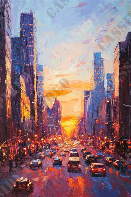 Vibrant Sunset Cityscape - This vibrant oil painting depicts a bustling urban street during sunset. The scene captures the transition between day and night, with tall skyscrapers reflecting the orange and purple hues of the evening sky. The street is filled with cars, their headlights and taillights creating a dynamic symphony of light and color. The vivid brushstrokes and rich palette convey a sense of energy and movement, characteristic of city life. Keywords: oil painting, urban street, sunset, skyscrapers, vibrant colors, brushstrokes, evening sky, city life, traffic, headlights, taillights.