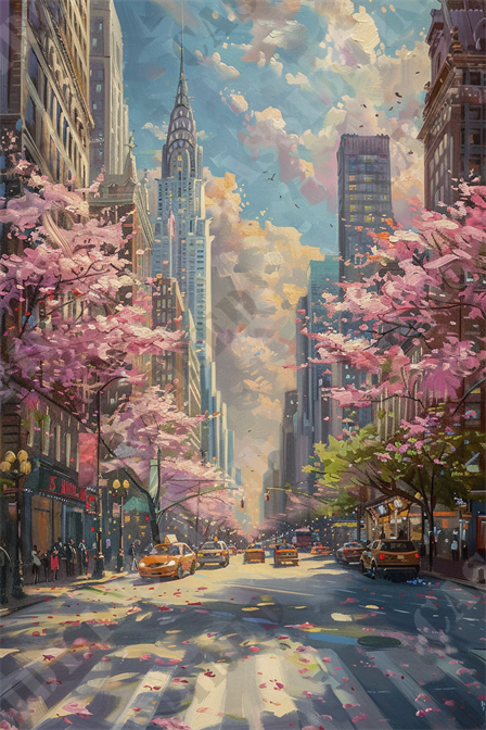 Vibrant Urban Energy - This vibrant painting depicts a bustling city street, likely in New York City, adorned with blooming cherry blossom trees. Dominating the background is the iconic Chrysler Building, illuminated against a backdrop of a bright, partly cloudy sky. Yellow taxis move smoothly along the wide avenue, lined with tall, classic skyscrapers. The cherry blossoms add a splash of pink to the urban landscape, creating a picturesque contrast with the concrete jungle. Pedestrians can be seen walking along the sidewalks, giving the scene a lively and dynamic feel. Keywords: New York City, Chrysler Building, city street, urban landscape, cherry blossoms, skyscrapers, yellow taxis, pedestrians, blooming trees, partly cloudy sky.