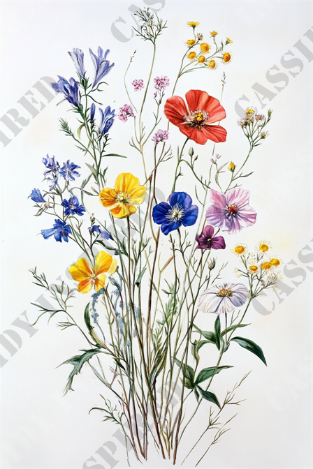 Vintage Botanical Illustration - This image features a detailed and vibrant watercolor painting of a bouquet of wildflowers. The floral arrangement includes a diverse array of brightly colored flowers such as red poppies, yellow pansies, bluebells, and purple asters. The delicate hues of pink and white blooms add to the rich, vivid palette of the composition. The flowers are depicted with slender green stems and leafy foliage, creating a lush and natural feel. The painting showcases a realistic botanical illustration style, highlighting the intricate textures and fine details of each flower. Keywords: watercolor painting, wildflowers, bouquet, red poppies, yellow pansies, bluebells, purple asters, pink blooms, white flowers, botanical illustration, floral arrangement, detailed artwork, vibrant colors, realistic style, natural foliage.