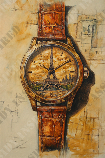 Vintage Eiffel Watch - The image displays a detailed and visually striking painting of a wristwatch with an intricate depiction of the Eiffel Tower on its dial. The watch features a rich, brown leather strap with a textured, crocodile pattern, adding an element of luxury and sophistication. The Eiffel Tower is set against a beautifully painted background of warm, golden skies, and surrounded by the Paris cityscape. The backdrop includes a subtle architectural sketch, blending into the painting's overall aesthetic. This artwork combines elements of timekeeping, Parisian landmarks, and artistic design, making it ideal for keywords such as "Eiffel Tower watch," "Paris-themed watch," "luxury wristwatch," "leather strap watch," "artistic timepiece," "Paris cityscape painting," "golden sky background," "architectural sketch art," "elegant watch design," and "detailed watch painting."