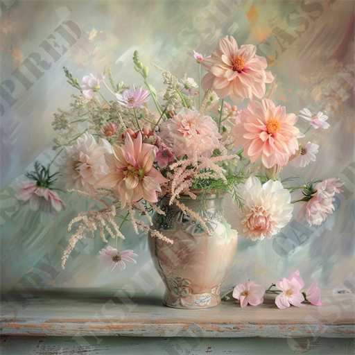 Vintage Floral Still Life - The image features a beautiful bouquet of soft pink and white flowers elegantly arranged in an ornate ceramic vase. The delicate flowers include various types of blooms such as dahlias, cosmos, and astilbe. The vase, resting on a rustic wooden surface, is intricately designed with a subtle floral pattern and earth-toned glaze. The background showcases a pastel-colored, impressionistic backdrop, adding to the overall romantic and serene ambiance. Keywords that aptly describe the image include: floral arrangement, ceramic vase, pink flowers, white flowers, dahlias, cosmos, astilbe, pastel background, rustic decor, romantic bouquet, and elegant display.