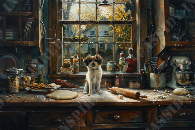 When the Baker Steps Away... - The image showcases a quaint, rustic kitchen bathed in warm natural light from a large window. On the wooden countertop, a small, fluffy dog sits among baking essentials, including a rolling pin, dough, scattered flour, and various jars of ingredients. In the background, the window reveals a picturesque view of a cozy cottage and autumnal trees with golden leaves. The kitchen is filled with vintage utensils, a stand mixer, and an assortment of spices and herbs, emanating a homely, old-fashioned charm. The scene emphasizes the comfort of home baking and the companionship of pets, making it perfect for keywords such as rustic kitchen, baking, dog, cozy home, vintage utensils, cottage, autumn, natural light, and homey vibes.