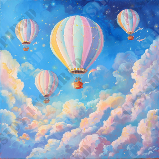 Whimsical Balloon Adventure - The image features a dreamy scene with four hot air balloons floating amidst a sky filled with pink and purple clouds. Each balloon is adorned with pastel colors, creating a whimsical and serene atmosphere. The scene takes place at high altitude, with the bright blue sky dotted with stars and subtle hints of glowing sunlight penetrating through the clouds. Birds can be seen flying around the balloons, further enhancing the ethereal and peaceful setting. Keywords: hot air balloons, pastel colors, dreamy sky, pink clouds, purple clouds, whimsical scene, serene atmosphere, high altitude, bright blue sky, stars, sunlight, floating balloons, ethereal setting, peaceful scene, aerial view.

