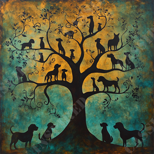 Whimsical Dog Tree - The image features a stylized silhouette of a tree against a vibrant blue and yellow background, with each branch supporting various dog silhouettes in different poses. The tree's branches are adorned with delicate leaves, adding an artistic flair to the scene. Dogs of different breeds and sizes are depicted on the branches, creating a whimsical and balanced composition. The tree is centrally positioned, with the dogs' black silhouettes contrasting sharply with the colorful background, creating a visually striking effect. Keywords: dog silhouettes, tree art, whimsical animals, vibrant background, artistic composition, dog breeds, colorful illustration, silhouette design, decorative art, pet artwork.