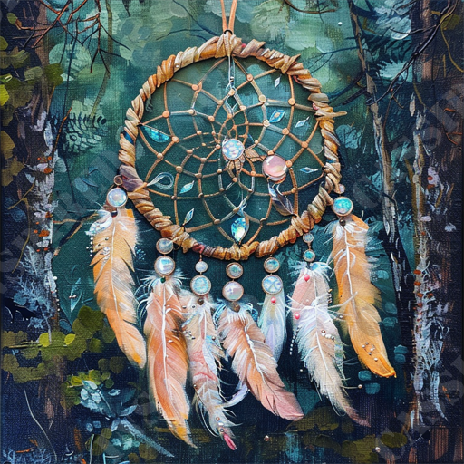 Whimsical Dream Catcher - The image features a decorative dreamcatcher positioned against a backdrop of a dense forest. The dreamcatcher consists of a circular wooden frame wrapped in brown twine, housing an intricate web adorned with small crystals and beads. Hanging from the bottom of the frame are several soft, pastel-colored feathers in shades of orange, pink, and white, accented with additional beads and pearls. The surrounding forest background provides a dark, natural contrast to the delicate elements of the dreamcatcher, accentuating its ethereal beauty. Keywords: dreamcatcher, forest, feathers, wooden frame, crystals, beads, twine, natural backdrop, pastel colors, decorative art, intricate design, ethereal, serene, nature-inspired, hanging decor. 

This precise and vivid description utilizes important SEO keywords such as dreamcatcher, feathers, forest, crystals, and decorative art, facilitating better search engine indexing and visibility.