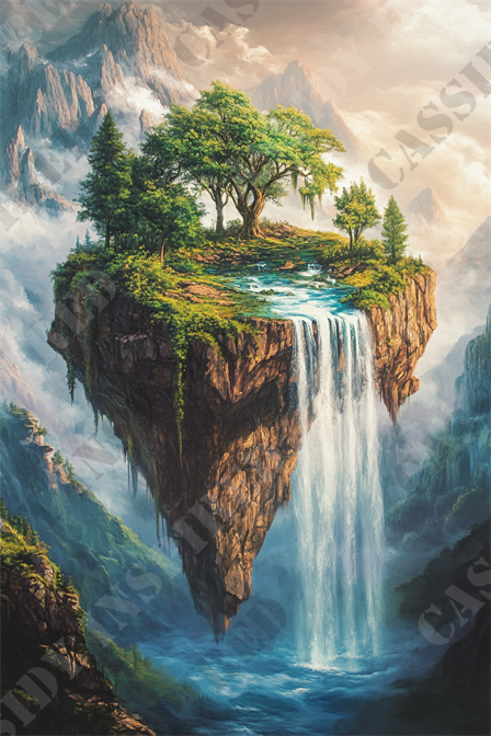 Whimsical Floating Island - The image depicts a surreal landscape with a floating island hovering above a misty, mountainous backdrop. The island is covered in lush greenery and features a tranquil pool of water cascading down as a majestic waterfall. Towering rocky cliffs surround the waterfall, which descends into the cloudy abyss below. Tall trees with vibrant green foliage stand prominently on the island, enhancing the ethereal beauty of this fantasy scene. The sky in the background is filled with fluffy clouds, partially obscuring the jagged mountain peaks, adding depth and dimension to the composition. Keywords: floating island, surreal landscape, misty mountains, lush greenery, waterfall, rocky cliffs, tranquil pool, ethereal beauty, fantasy scene, vibrant foliage.