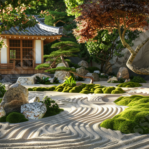 Zen Garden Tranquility - This image captures a serene and meticulously maintained Japanese garden, showcasing an intricate display of natural beauty and landscape design. In the foreground, sweeping patterns of raked sand create a calming, wave-like texture, surrounded by a variety of carefully placed rocks ranging from small to large, which contribute to the garden's harmony and balance. Soft, lush moss patches add splashes of vibrant green, contrasting with the neutral tones of the sand and rocks.

A traditional Japanese wooden house, with sliding doors and a tiled roof, sits gracefully in the background, partially concealed by the mature trees that frame the scene. The trees include bonsai pines with intricately twisted branches and leaves in different shades of green and burgundy, enhancing the garden's aesthetic and providing shade. Blooming flowers add a hint of color to the otherwise green and brown palette of the garden.

Key elements for SEO in this description would include phrases such as "Japanese garden," "landscape design," "raked sand patterns," "traditional Japanese house," "bonsai pines," "moss patches," "garden harmony and balance," "wooden house with sliding doors," "mature trees," and "serene natural beauty." These terms encapsulate the image's visual details and themes, making it searchable for those interested in garden design, Japanese culture, or tranquil natural scenes.