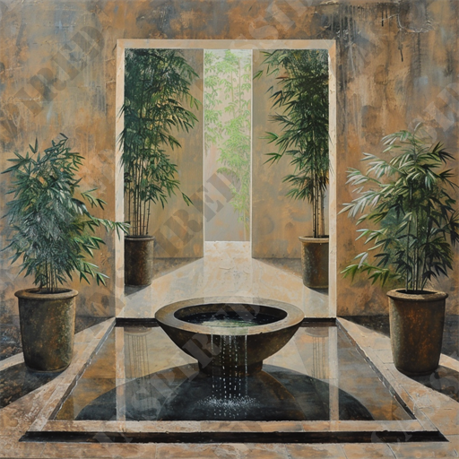 Zen Meditation Oasis - The image displays a serene interior courtyard featuring a centrally placed, round stone fountain with a gentle water cascade. Surrounding the fountain are four tall potted bamboo plants, placed symmetrically on the polished stone floor which reflects the natural light entering the space. The walls have an earthy, textured finish, enhancing the tranquil and earthy ambiance. Beyond an archway, additional greenery is visible, suggesting a lush garden or natural backdrop. This zen-inspired design utilizes elements such as bamboo, stone, water, and natural light to create a peaceful and meditative environment. Keywords: interior courtyard, stone fountain, potted bamboo plants, polished stone floor, natural light, earthy walls, greenery, zen-inspired design, tranquil ambiance, meditative environment.